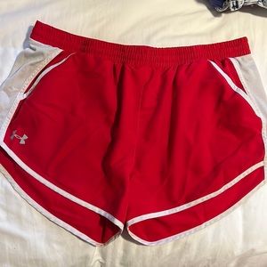 Red and white workout shorts